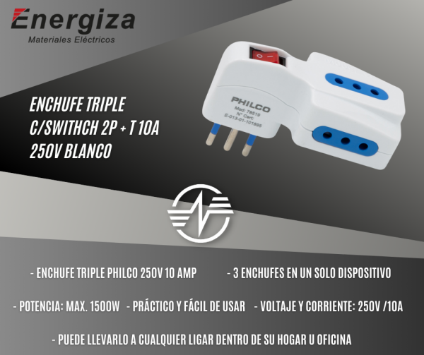 enchufe triple c/switch 2p+t 10a 250v