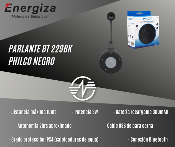 - Distancia máxima 10mt - Potencia 3W - Batería recargable 300mAh - Autonomía 2hrs aproximado - Cable USB de para carga - Grado protección IPX4 (salpicaduras de agua) - Conexión Bluetooth