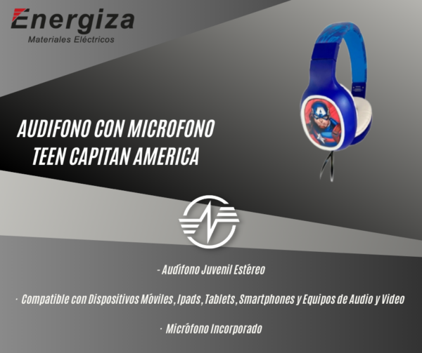 TEEN HEADPHONES BUILT IN MIC MARVEL CAPITAN AMERICA